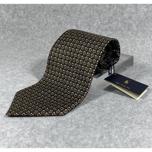Polo Ralph Lauren Tie Mens Green Paisley Silk Made In USA Hand Made Neckwear NEW - Picture 1 of 13